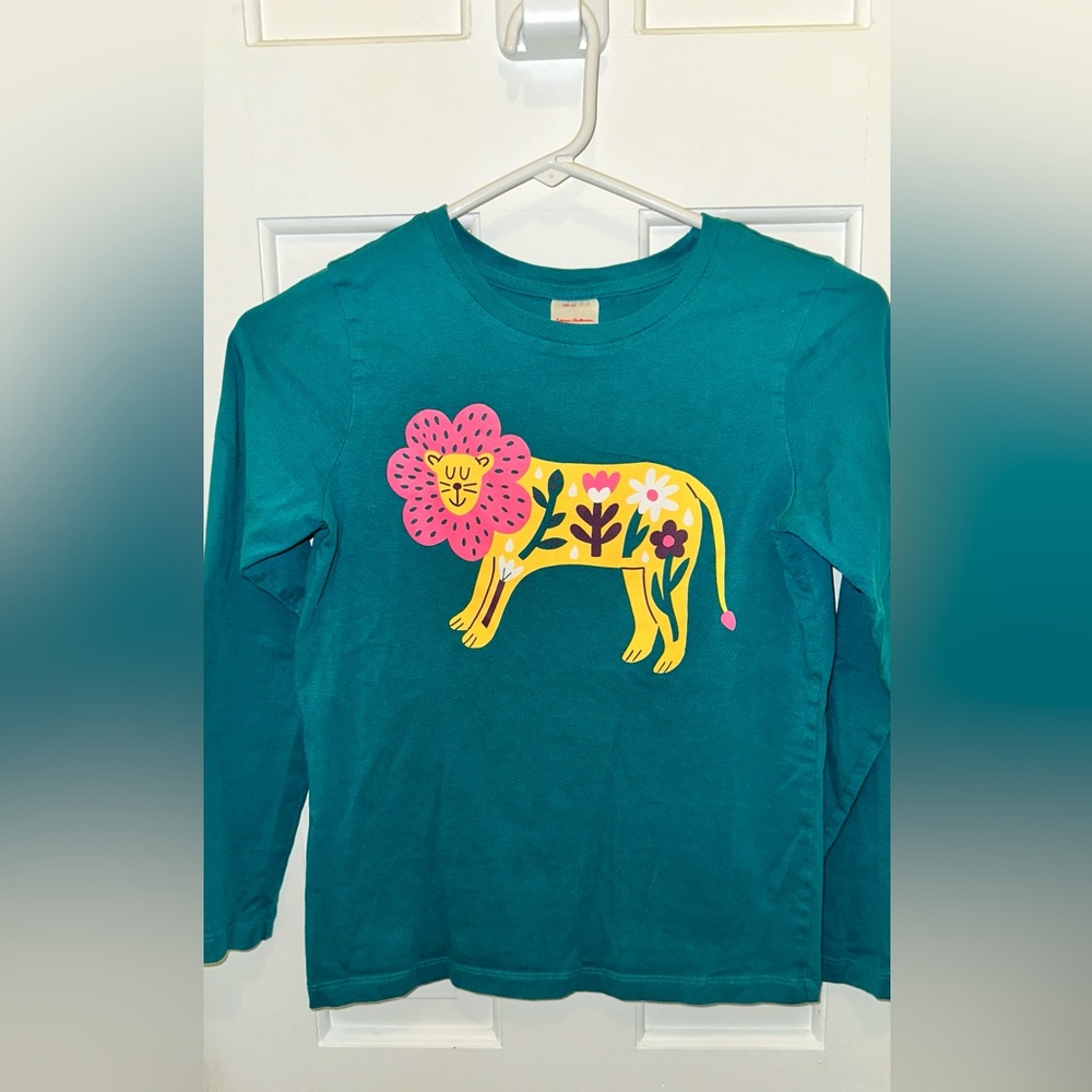 Hanna Andersson Teal Tee with Pink Lion Graphic t-shirt long sleeve size 10 EUC
